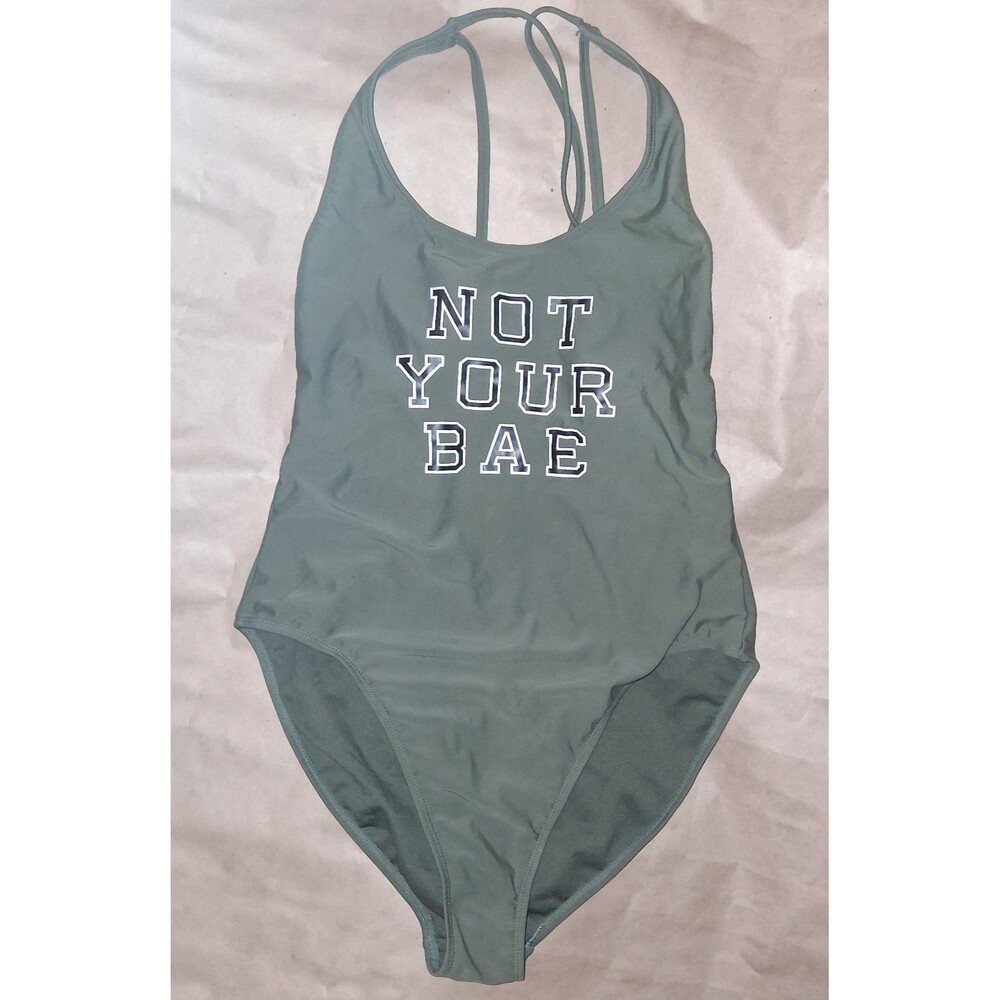 No Boundaries "Not Your Bae" One-Piece Swimsuit in Dark Green (Size XL)